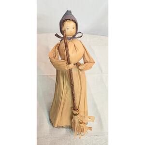 Vintage Corn Husk Doll Woman w/Broom Blue Head Covering 8" Tall